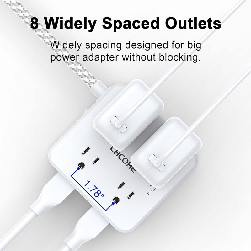 Core 5Ft Flat Plug Braided Extension Cord - Surge Protector Power Strip with 8 Outlets and 2 USB-C (PD 30W) Fast Charging Ports and 2 USB-A Ports for Home, Office, Dorm Room Essentials, ETL, White - Image 3